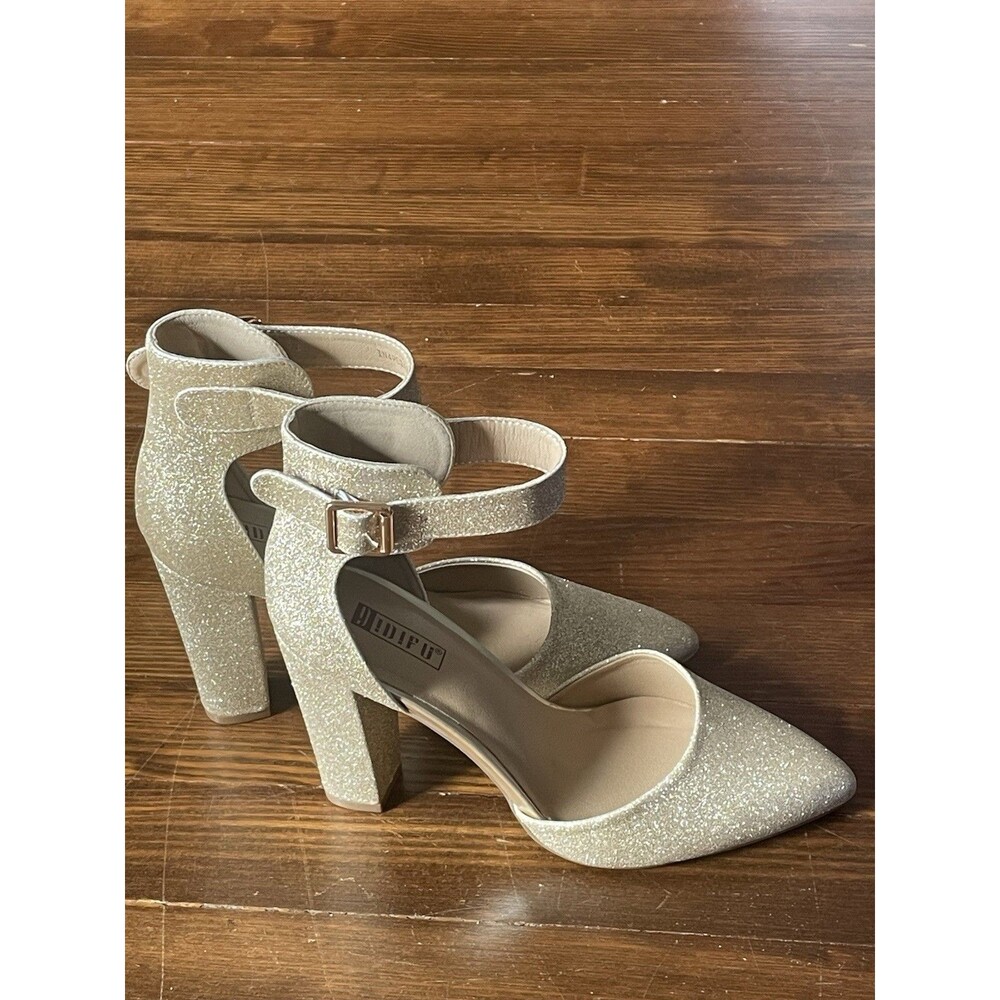 Idifu Sparkly Gold Chunky 4" Heels Ankle Strap Size 8.5 Prom Wedding Fun Formal - Picture 4 of 14